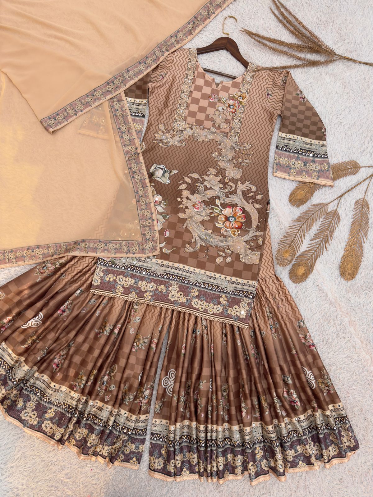 ELEGANT CHINON SILK SHARARA KURTA SET WITH DUPATTA (FULLY STTITCHED)