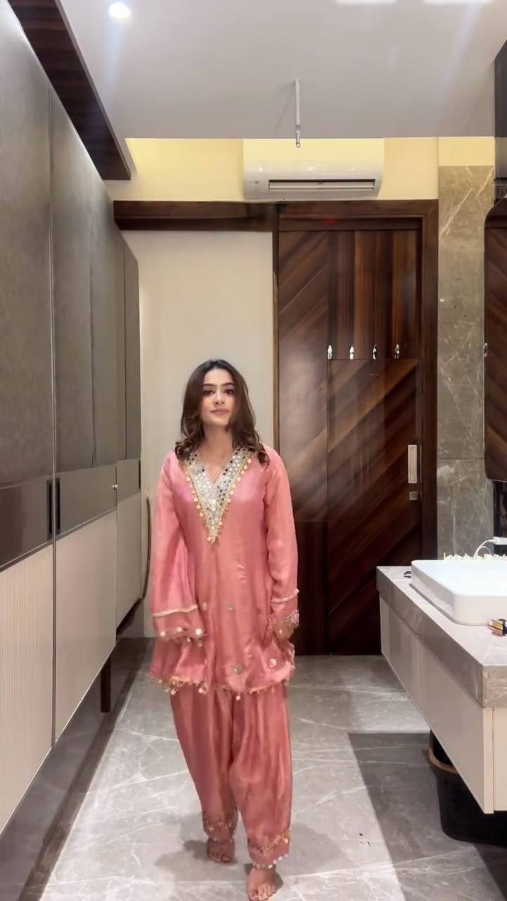 PEACH COSS MOSS SALWAR SUIT SET WITH MIRROR WORK