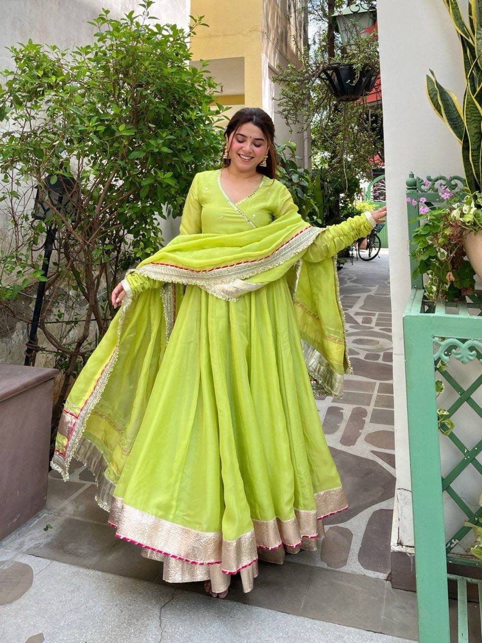 PARROT GREEN TABBY ORGANZA SILK HAND WORK GOWN