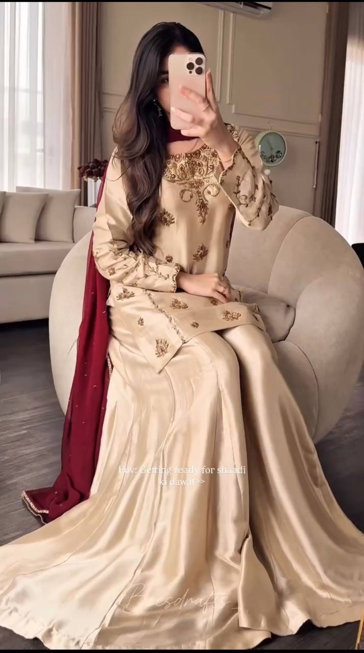 CREAM NATURAL CRAPE MOTI EMBROIDERY WORK SHARARA SUIT SET
