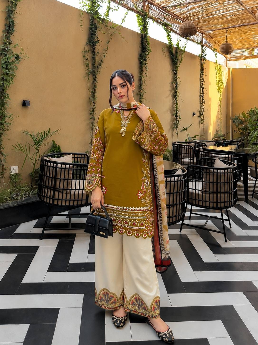 OLIVE GREEN ROMAN SILK KURTI PLAZZO SET