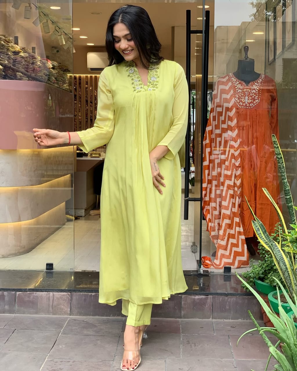 LIME GREEN PLEATED ANARKALI KURTA SET