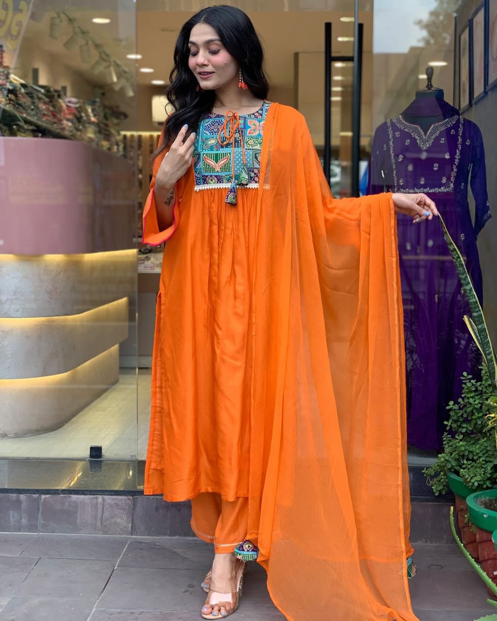 ORANGE EMBROIDERED ANARKALI KURTA SET