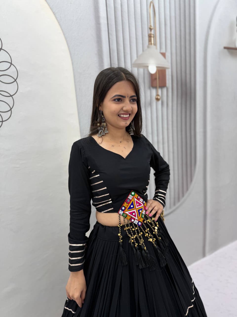 BLACK COTTON GAMTHI PATCH WORK NAVRATRI LEHENGA