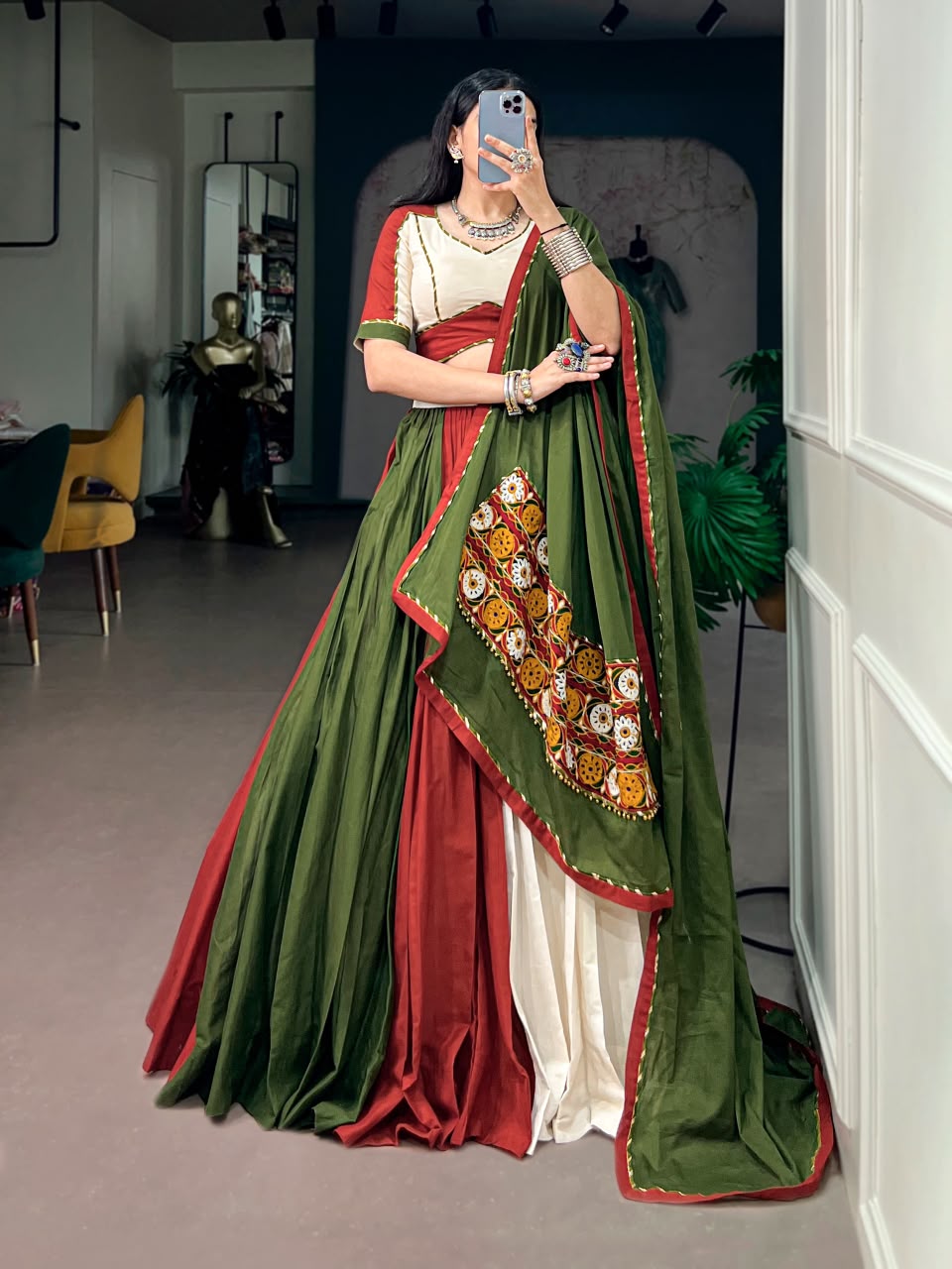 NAVRATRI PURE COTTON GAMTHI WORK LEHENGA SET