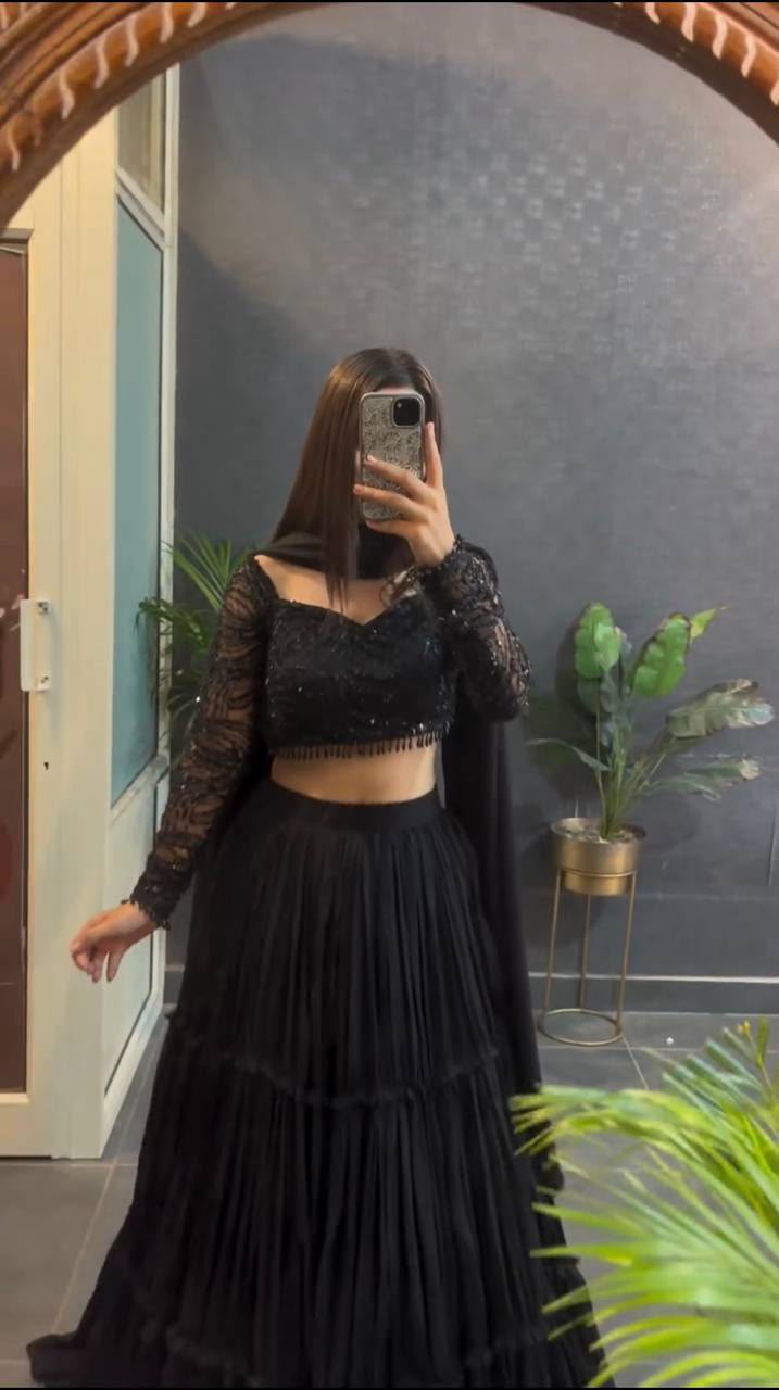 BLACK RUFFLE STYLE EMBROIDERED LEHENGA