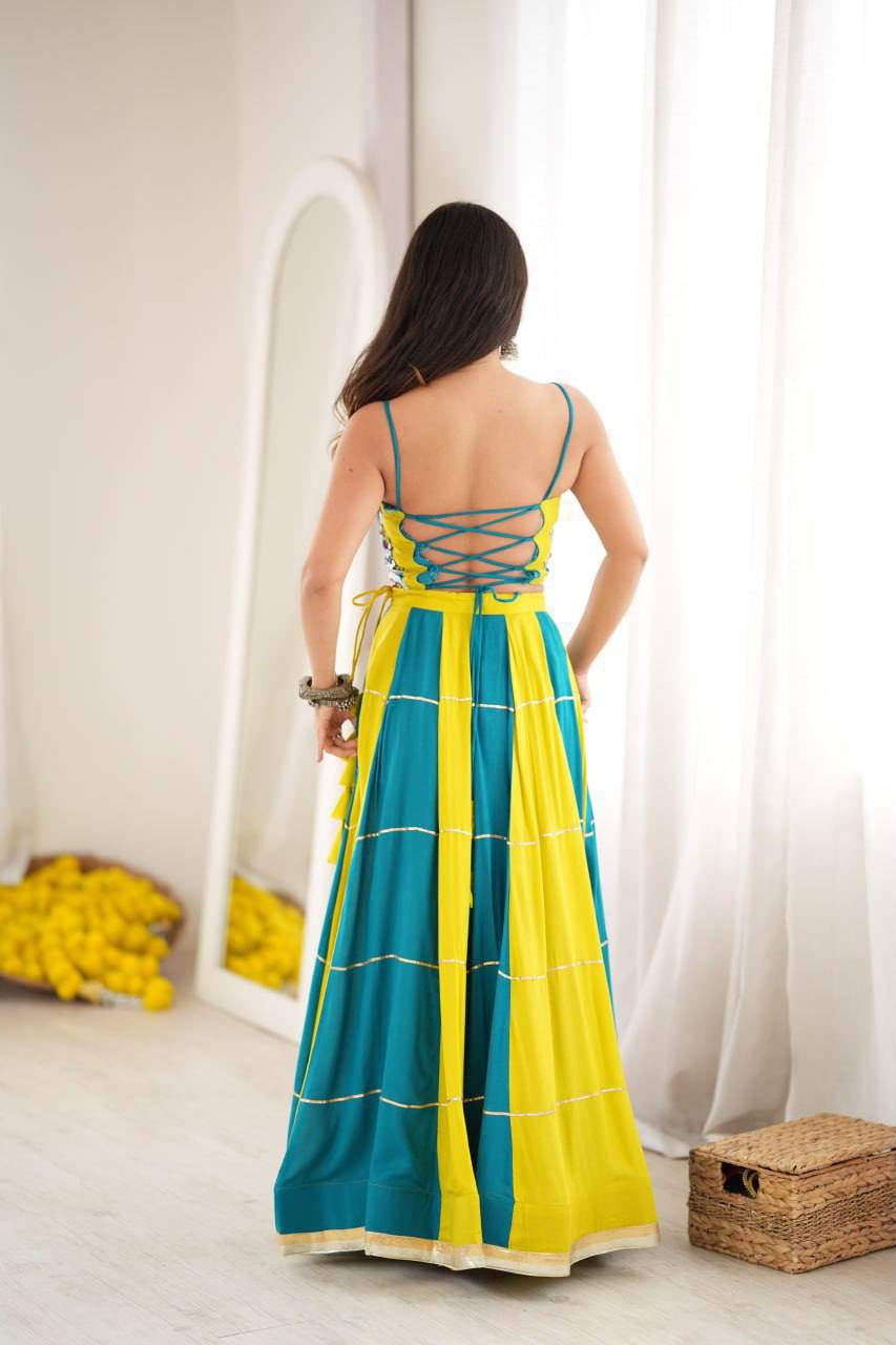 TEAL BLUE HEAVY RAYON THREAD MIRROR GOTA PATTI NAVRATRI LEHENGA