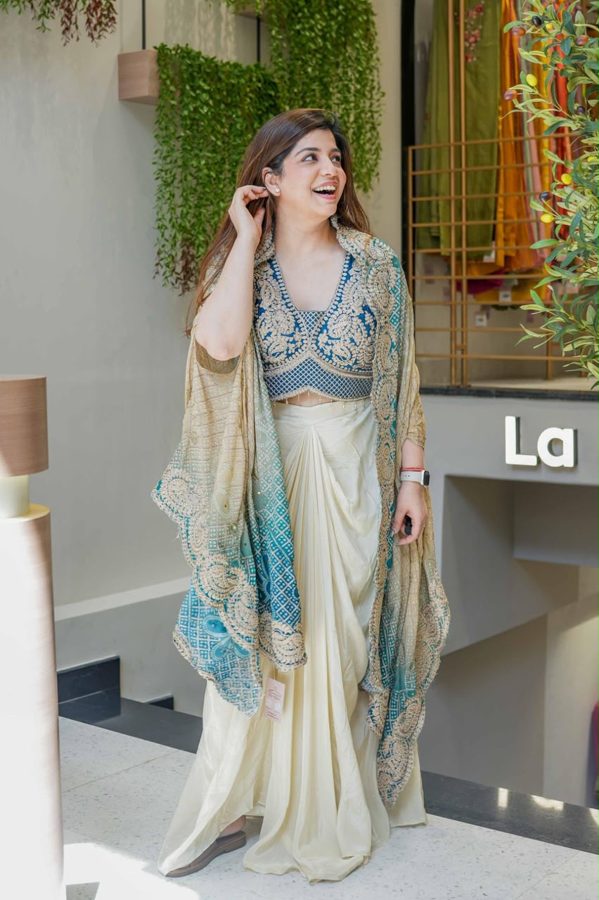 READY-TO-WEAR INDO-WESTERN TOP , DRAPED SKIRT & SHRUG
