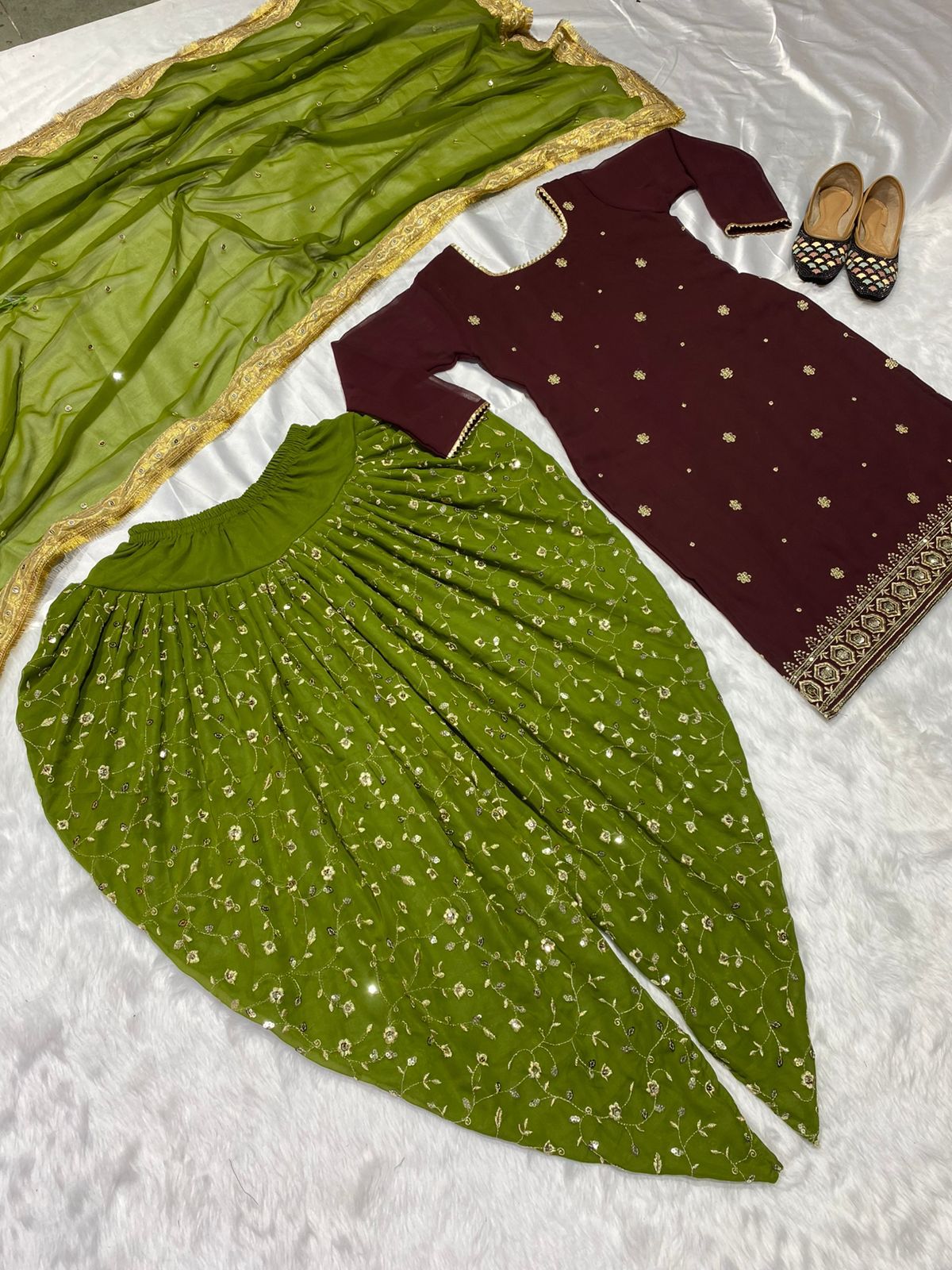 MEHENDI GREEN TOP AND DHOTI SALWAR SUIT - SET OF 3
