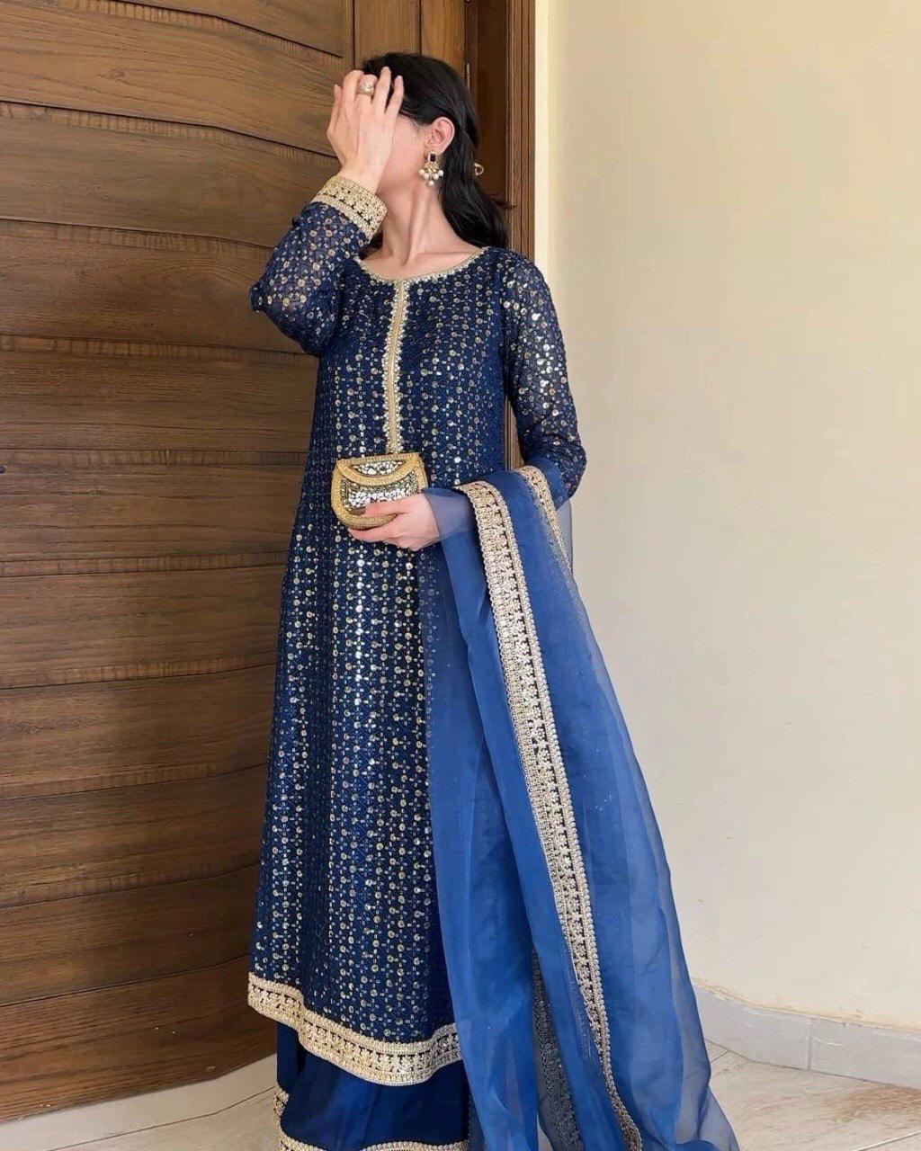 BLUISH FLORISH DRESS IN GEORGETTE - SET OF 3 - BLUE