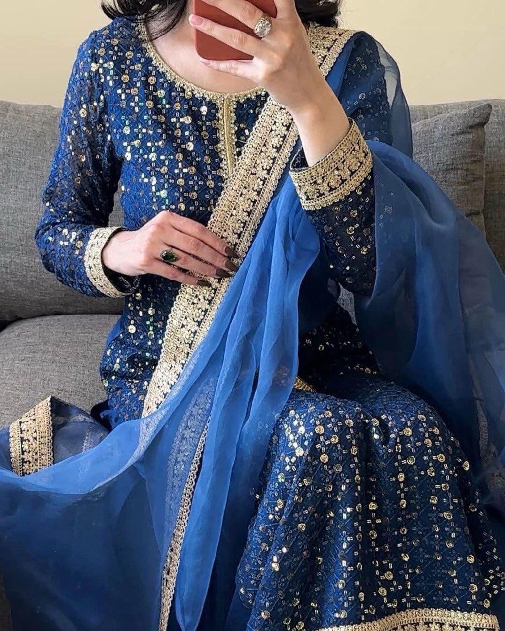 BLUISH FLORISH DRESS IN GEORGETTE - SET OF 3 - BLUE