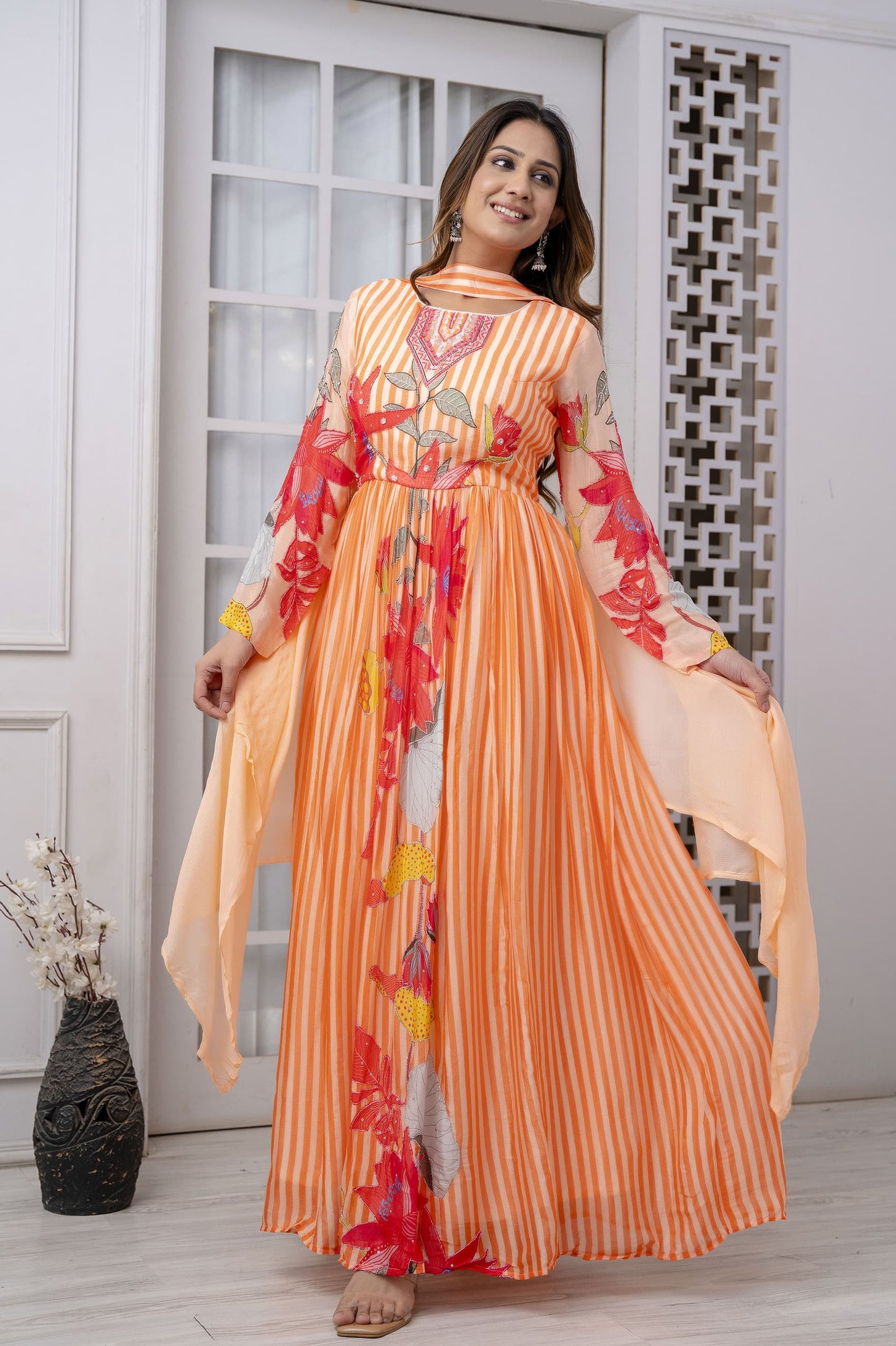 ORANGE PREMIUM CHINNON BEAUTIFUL DIGITAL PRINT PRINTED GOWN