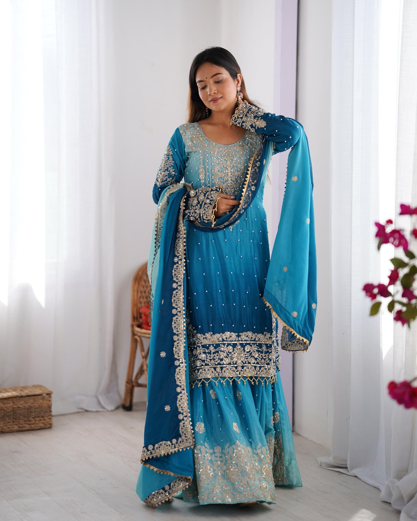 RIVER BLUE ELEGANT SHARARA WITH RIVER MOTI WORK - SET OF 3