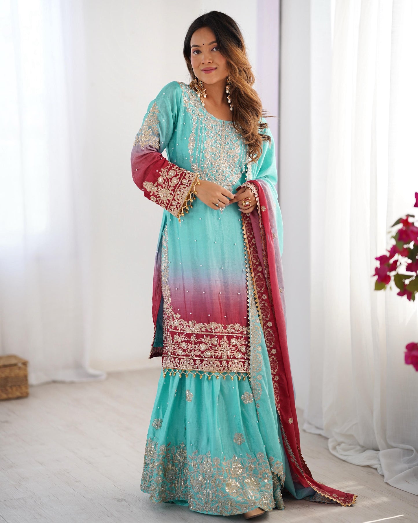 SKYISH BLUE ELEGANT SHARARA WITH RIVER MOTI WORK - SET OF 3