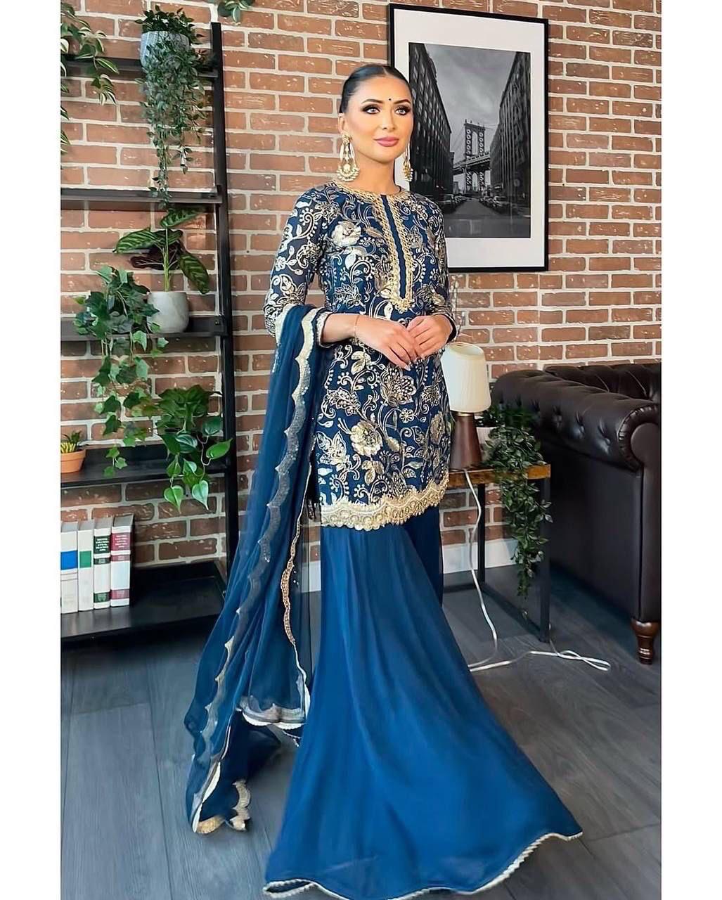 BLUISH SHARARA KURTA SET - (SET OF 3)