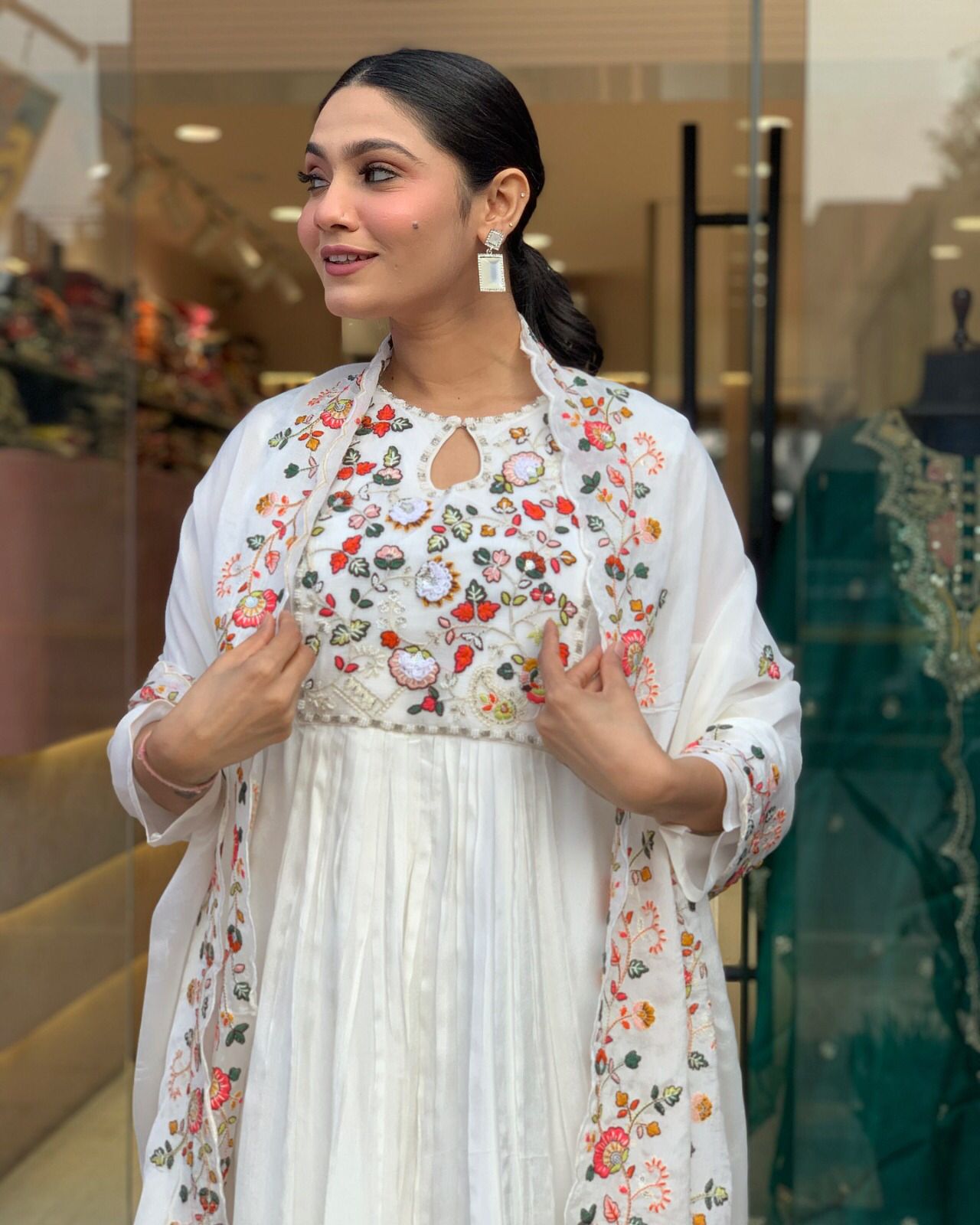 CHINON FABRIC WHITE ANARKALI SET - (SET OF 3)