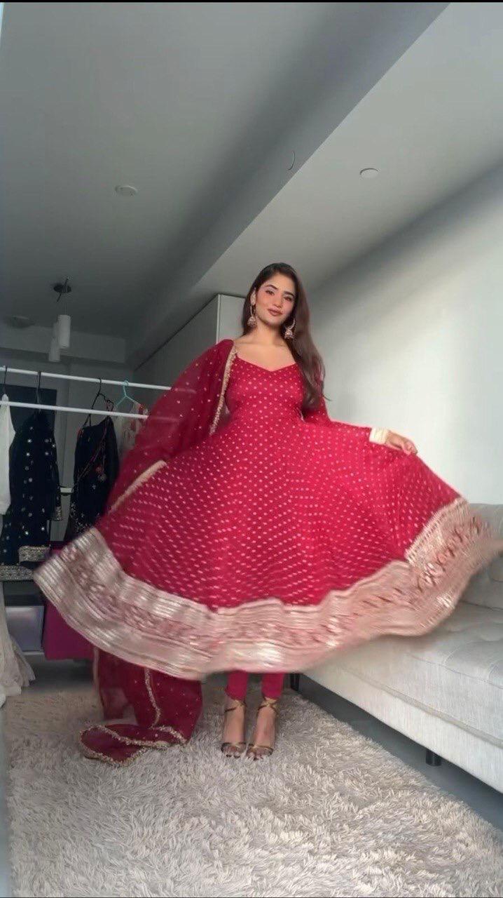 RED GEORGETTE ANARKALI SET WITH SEQUENCE WORK (SET OF 3)