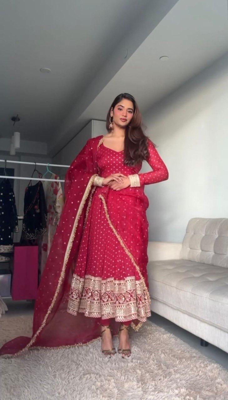 RED GEORGETTE ANARKALI SET WITH SEQUENCE WORK (SET OF 3)