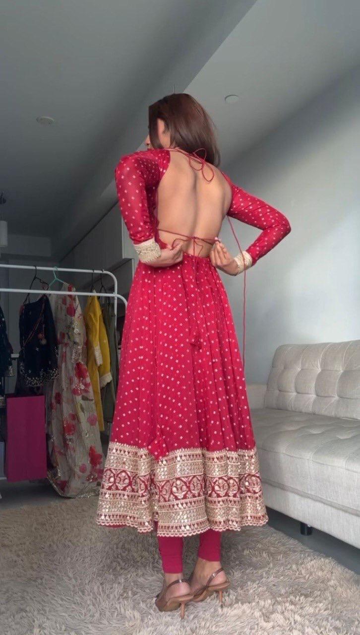 RED GEORGETTE ANARKALI SET WITH SEQUENCE WORK (SET OF 3)