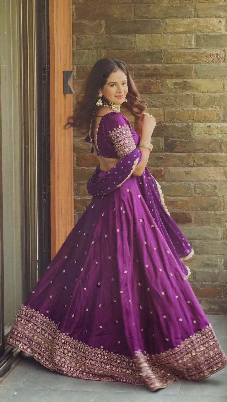 DESIGNER SATIN SILK LEHENGA IN PURPLE