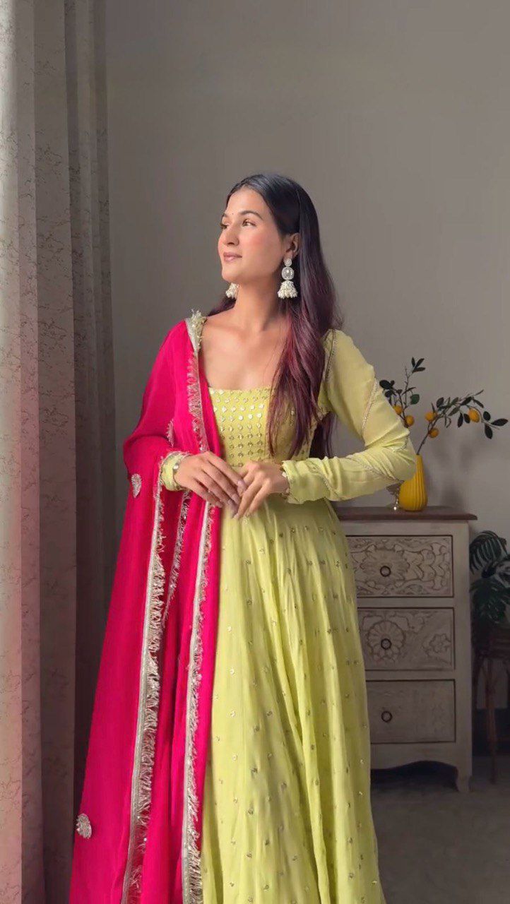 Bright Yellow GEORGETTE ANARKALI SUIT SET