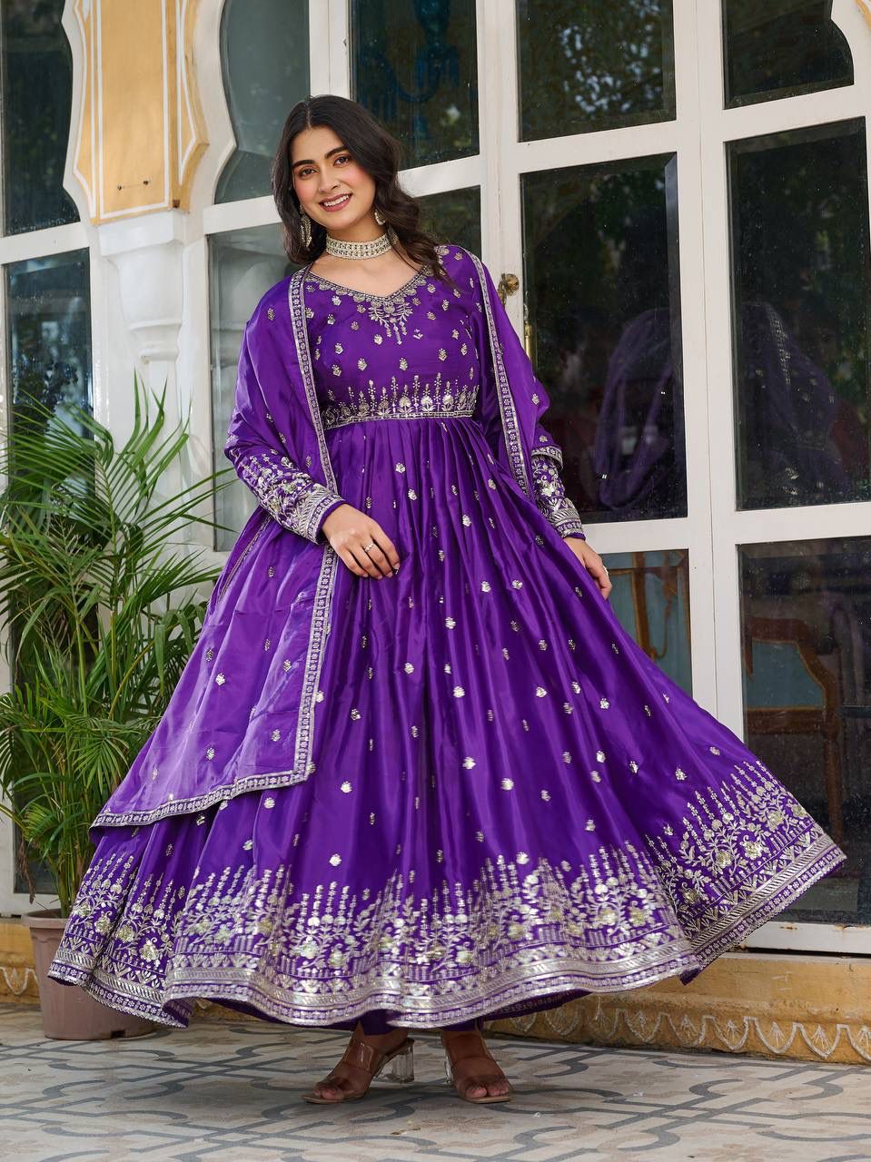 MAHARANI ANARKALI GOWN WITH HEAVY EMBROIDERY WORK - SET OF 3
