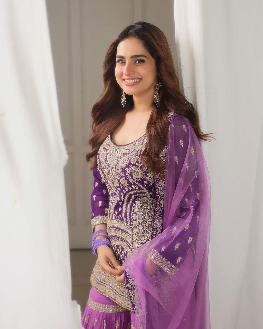 ROYAL PURPLE EMBROIDERY SHARARA SUIT SET IN FAUX GEORGETTE SEQUENCE WORK