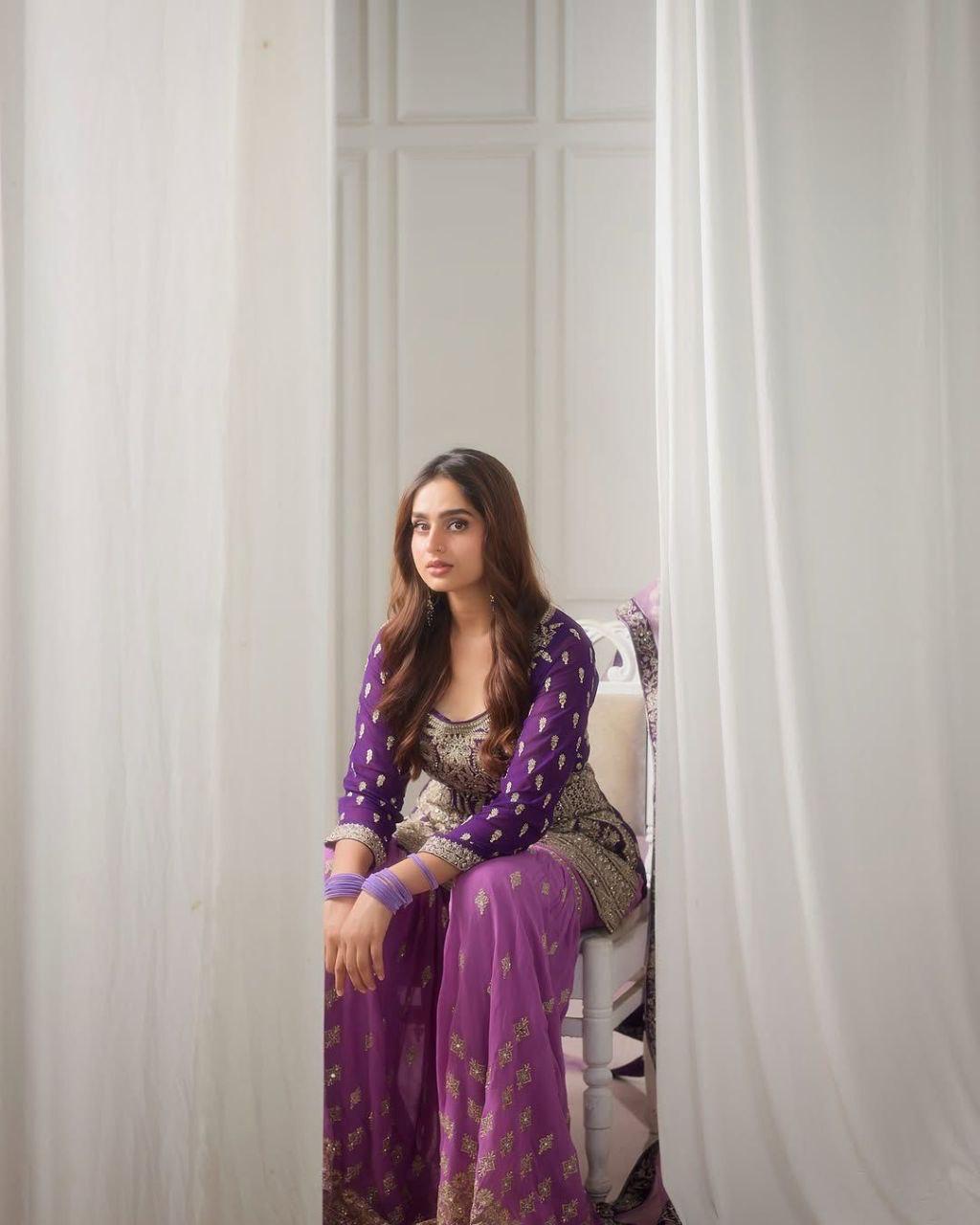 ROYAL PURPLE EMBROIDERY SHARARA SUIT SET IN FAUX GEORGETTE SEQUENCE WORK