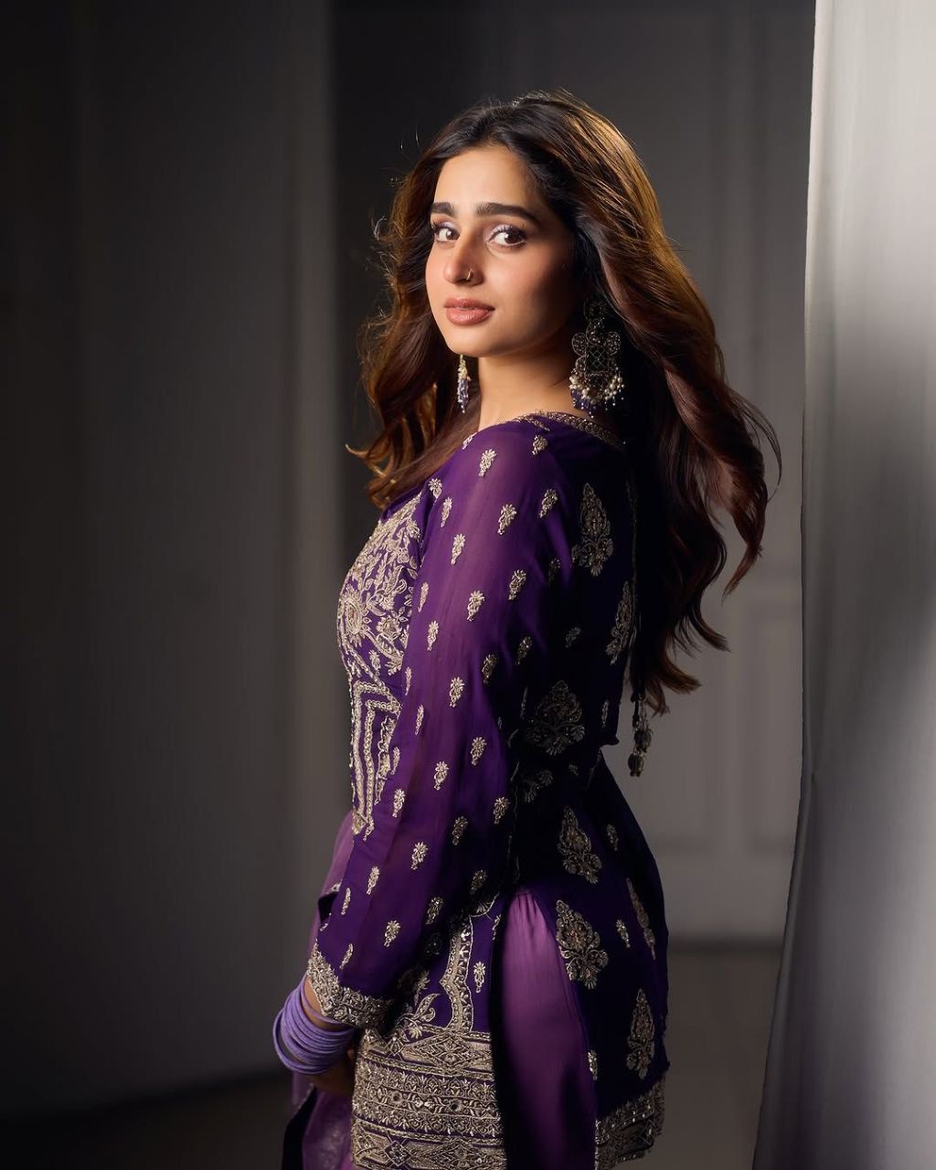 ROYAL PURPLE EMBROIDERY SHARARA SUIT SET IN FAUX GEORGETTE SEQUENCE WORK