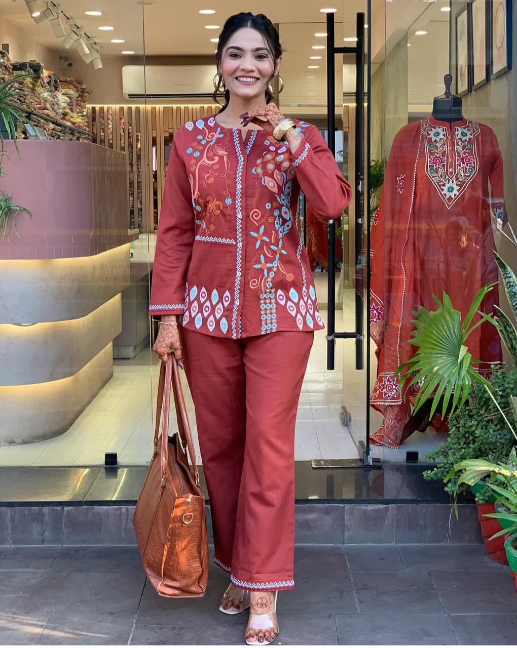 RUST PREMIUM COTTON CO-ORD SET WITH EMBROIDERY WORK