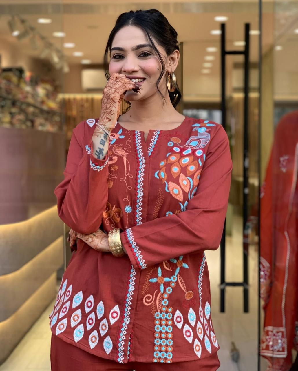 RUST PREMIUM COTTON CO-ORD SET WITH EMBROIDERY WORK
