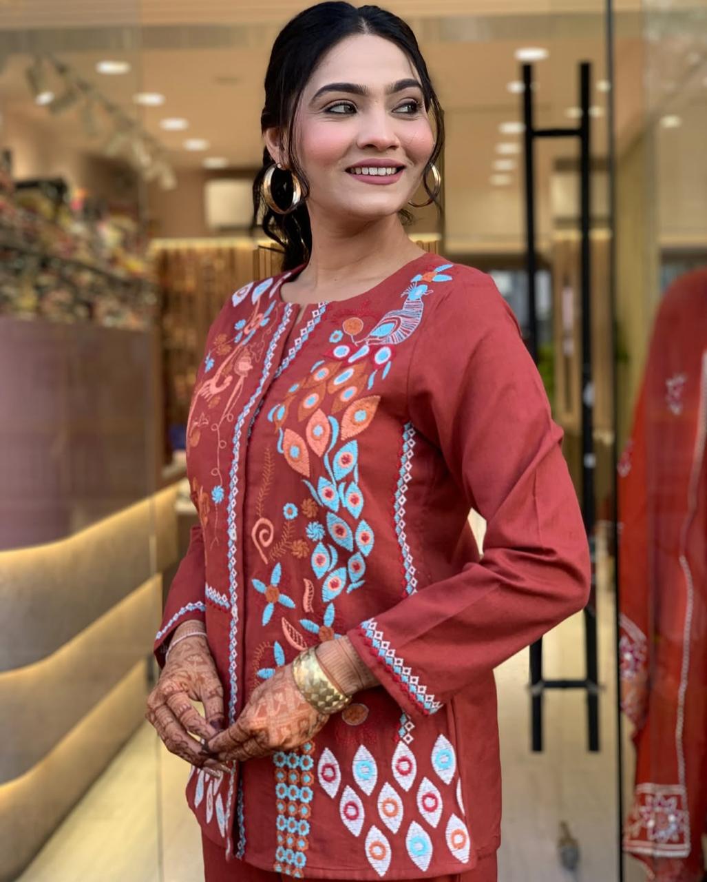 RUST PREMIUM COTTON CO-ORD SET WITH EMBROIDERY WORK