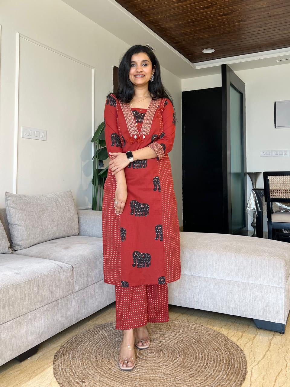 ELEPHANT PRINT SILHOUETTE COTTON KURTI SET
