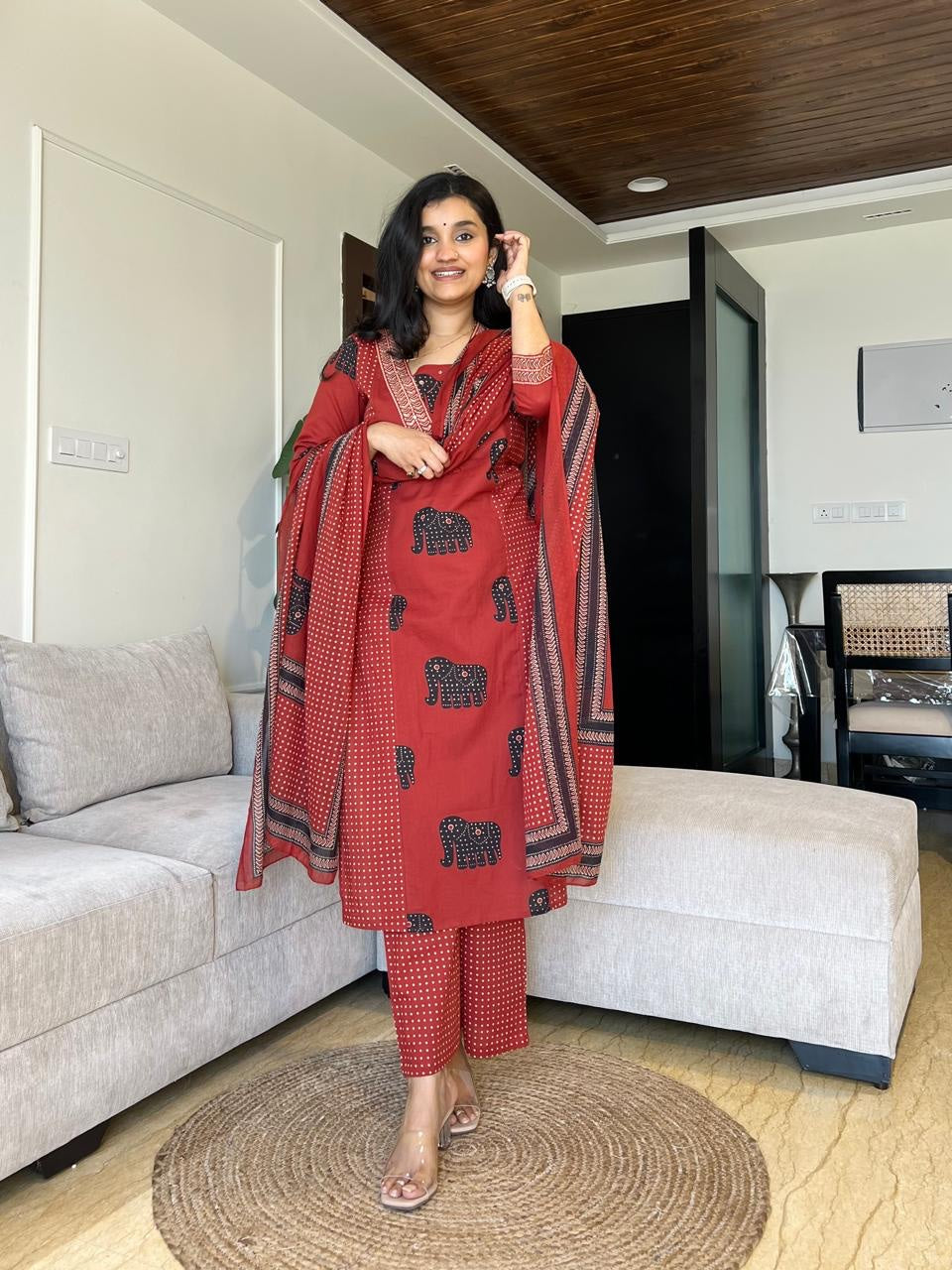 ELEPHANT PRINT SILHOUETTE COTTON KURTI SET