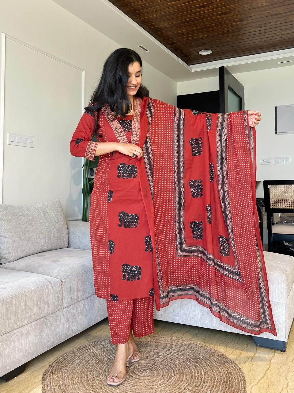 ELEPHANT PRINT SILHOUETTE COTTON KURTI SET