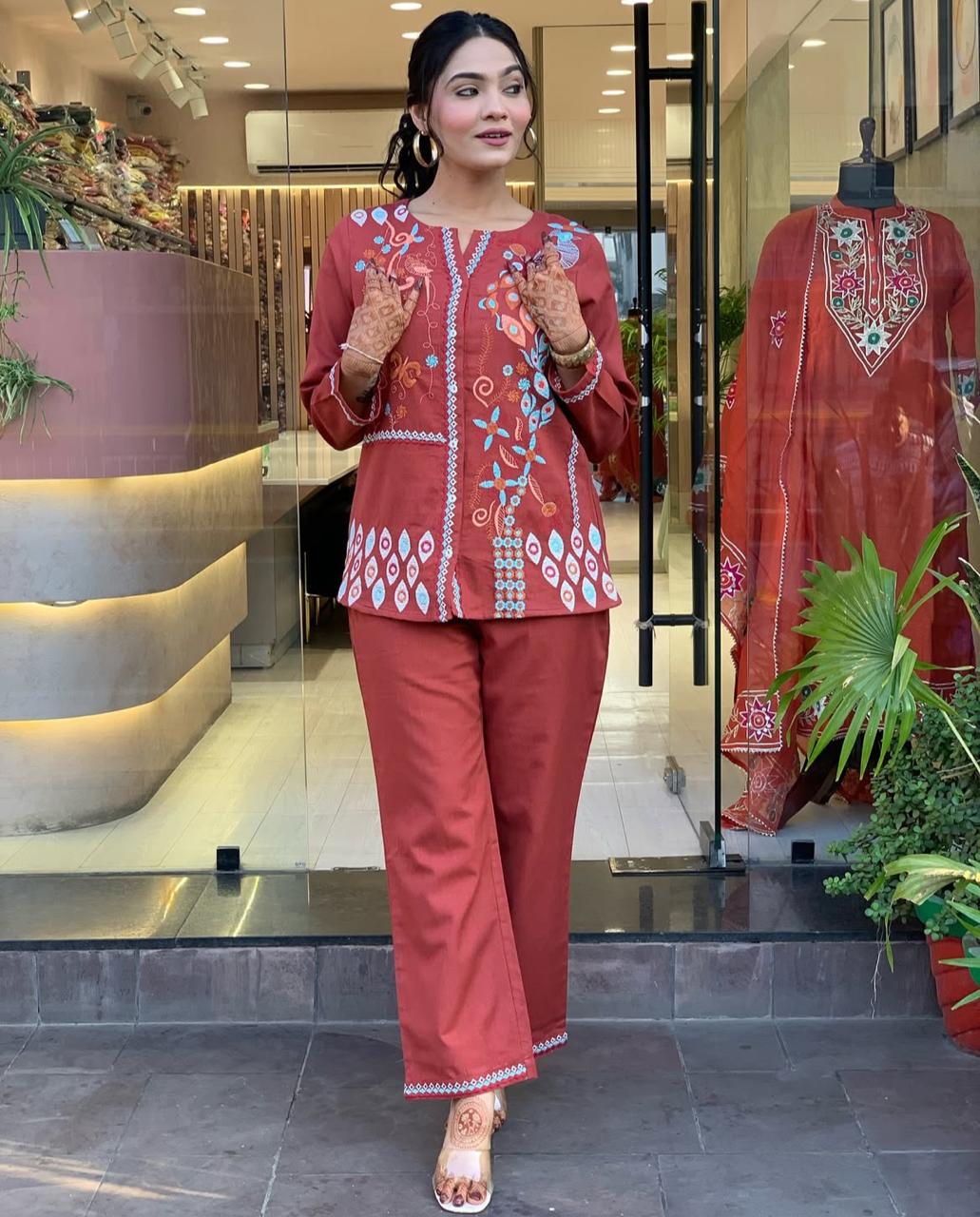 RUST PREMIUM COTTON CO-ORD SET WITH EMBROIDERY WORK