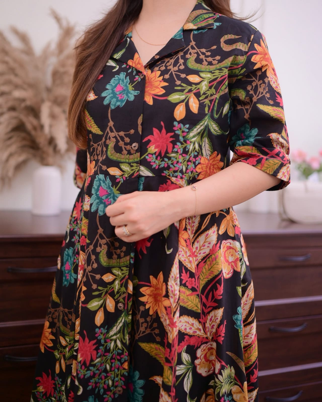 BLACK MULTI FLORAL COTTON A LINE DREES