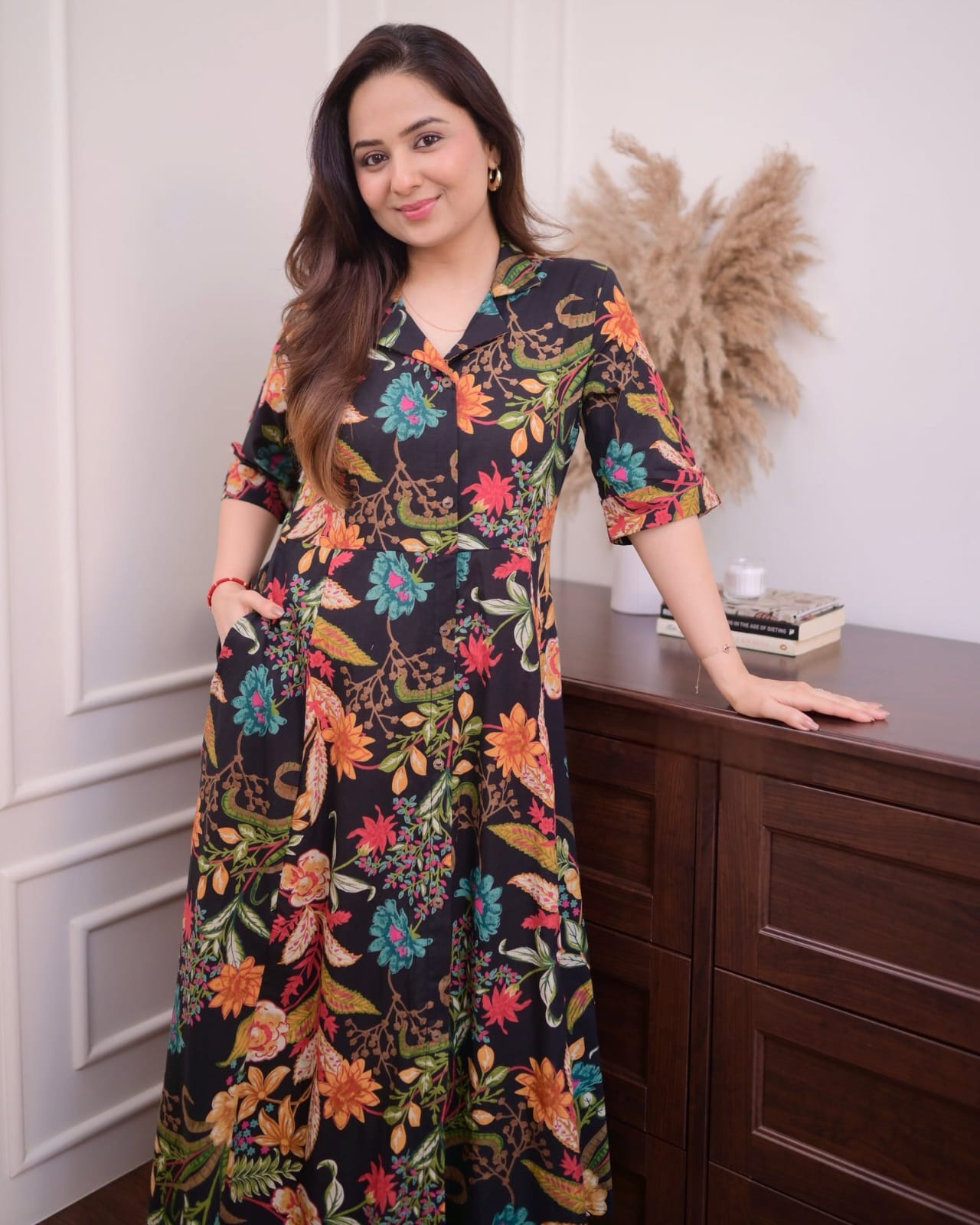 BLACK MULTI FLORAL COTTON A LINE DREES