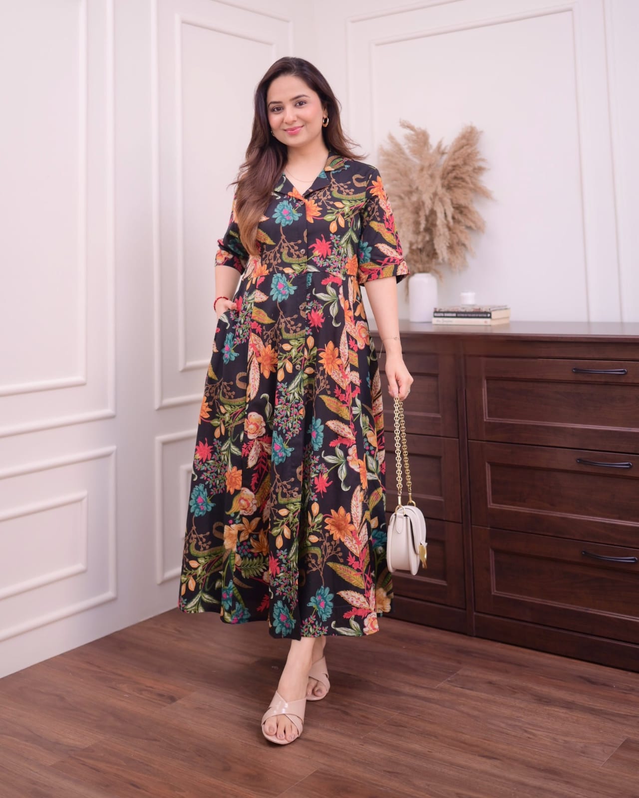 BLACK MULTI FLORAL COTTON A LINE DREES