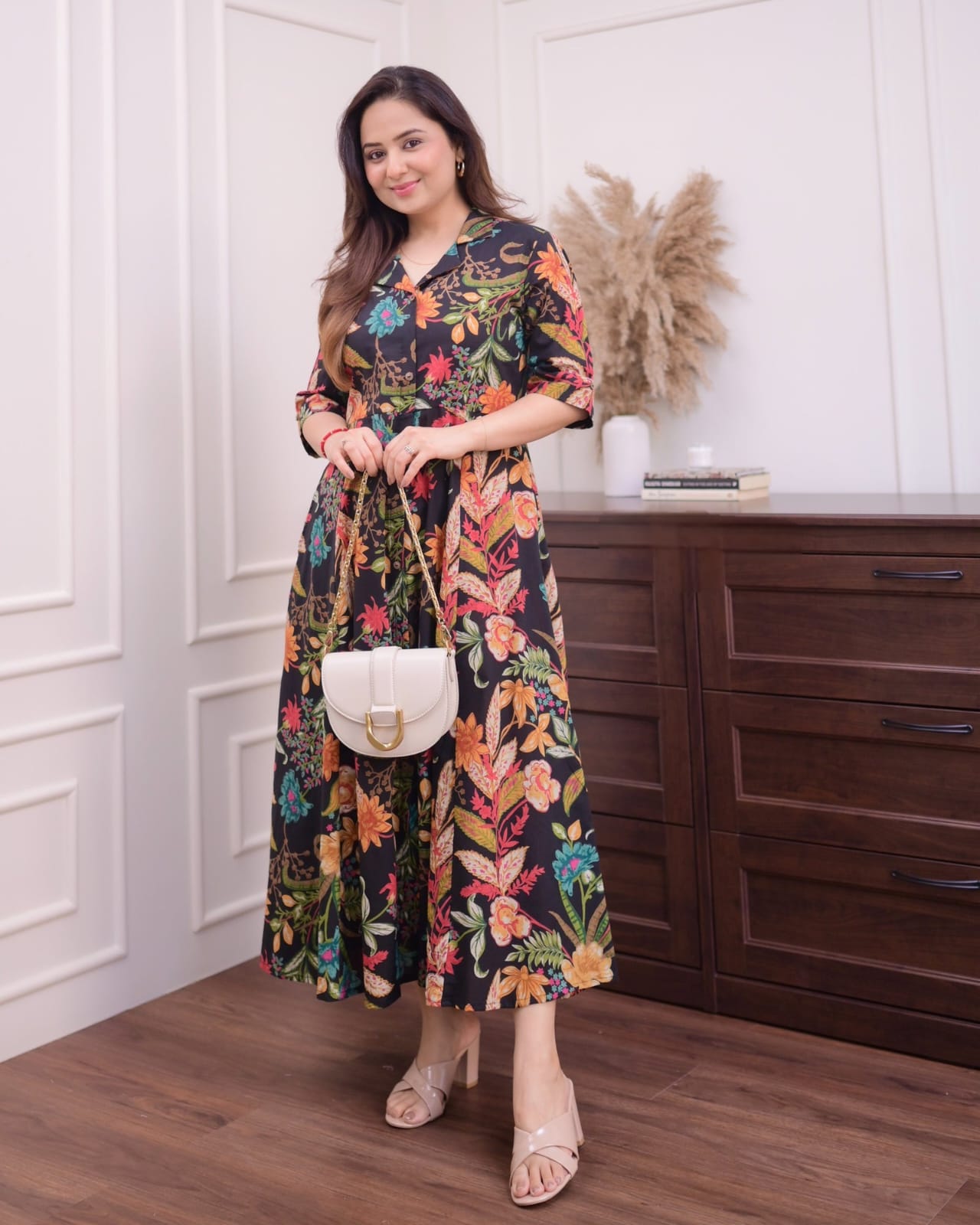 BLACK MULTI FLORAL COTTON A LINE DREES