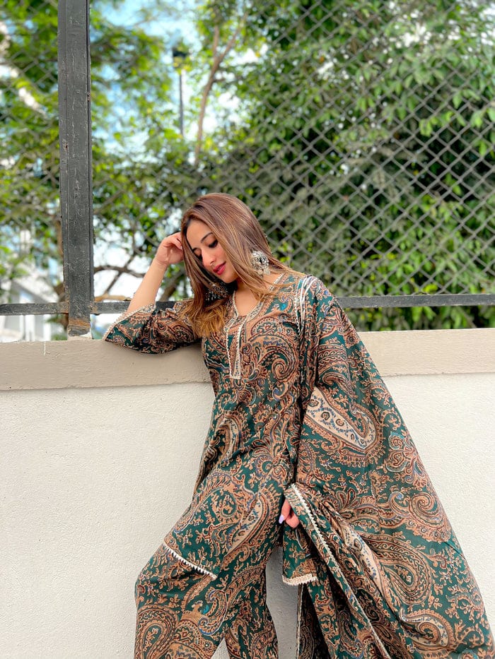 GREEN PAISLEY PRINT COTTON SUIT SET