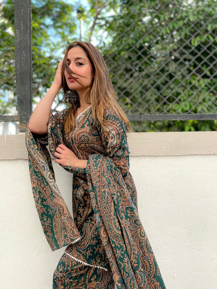 GREEN PAISLEY PRINT COTTON SUIT SET