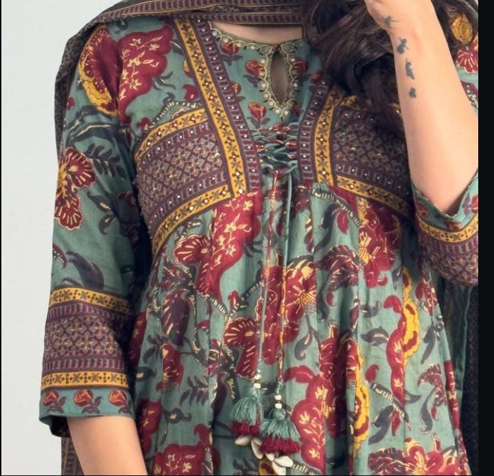 FLORAL PRINTED PURE COTTON ANARKALI SUIT PAIRED WITH PANT AND DUPATTA