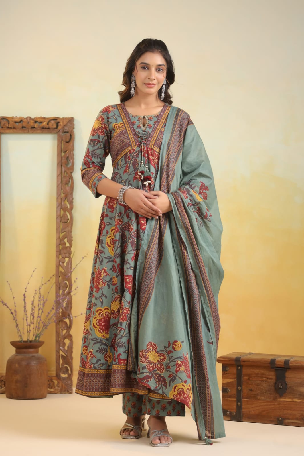 FLORAL PRINTED PURE COTTON ANARKALI SUIT PAIRED WITH PANT AND DUPATTA