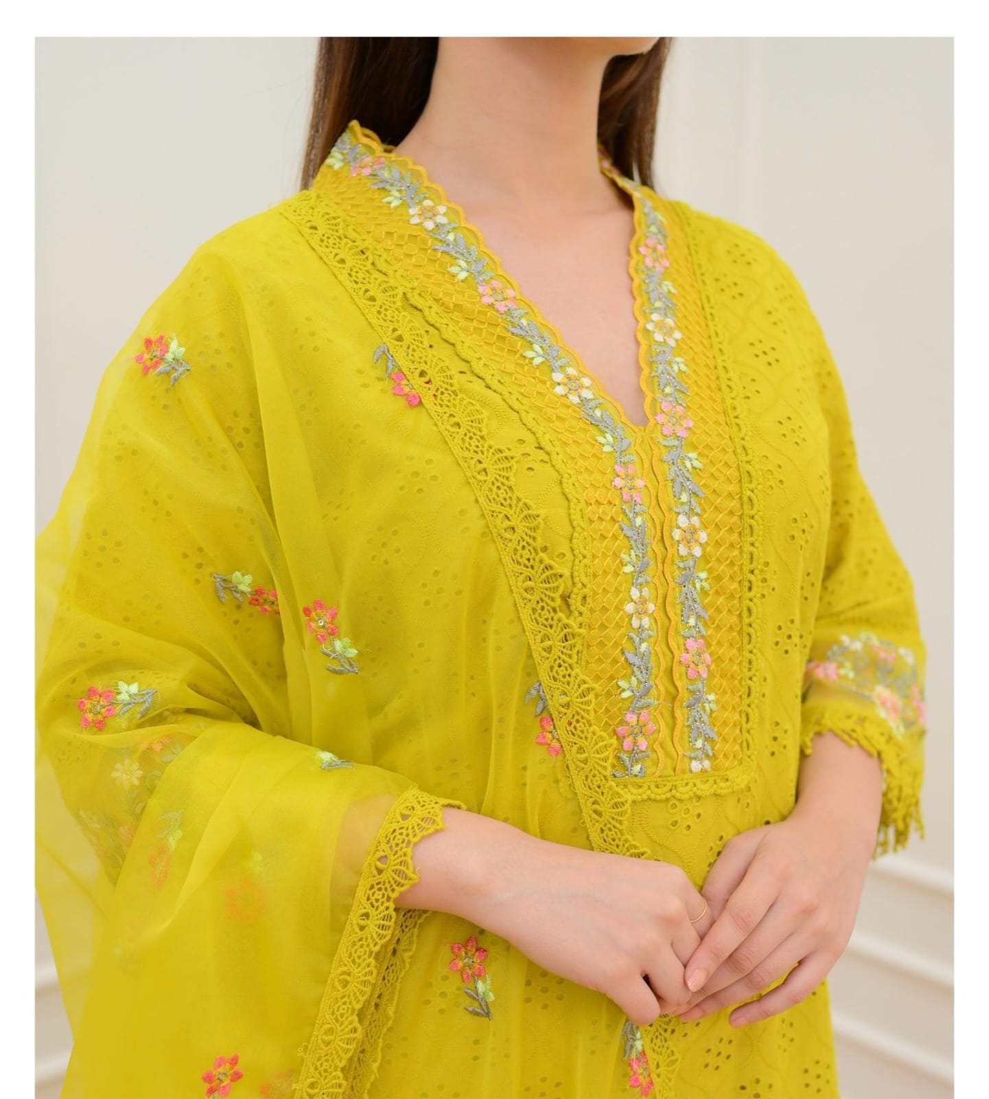 PURE COTTON PAKISTANI SCHIFFI CUTWORK SUIT SET WITH EMBROIDERY WORK