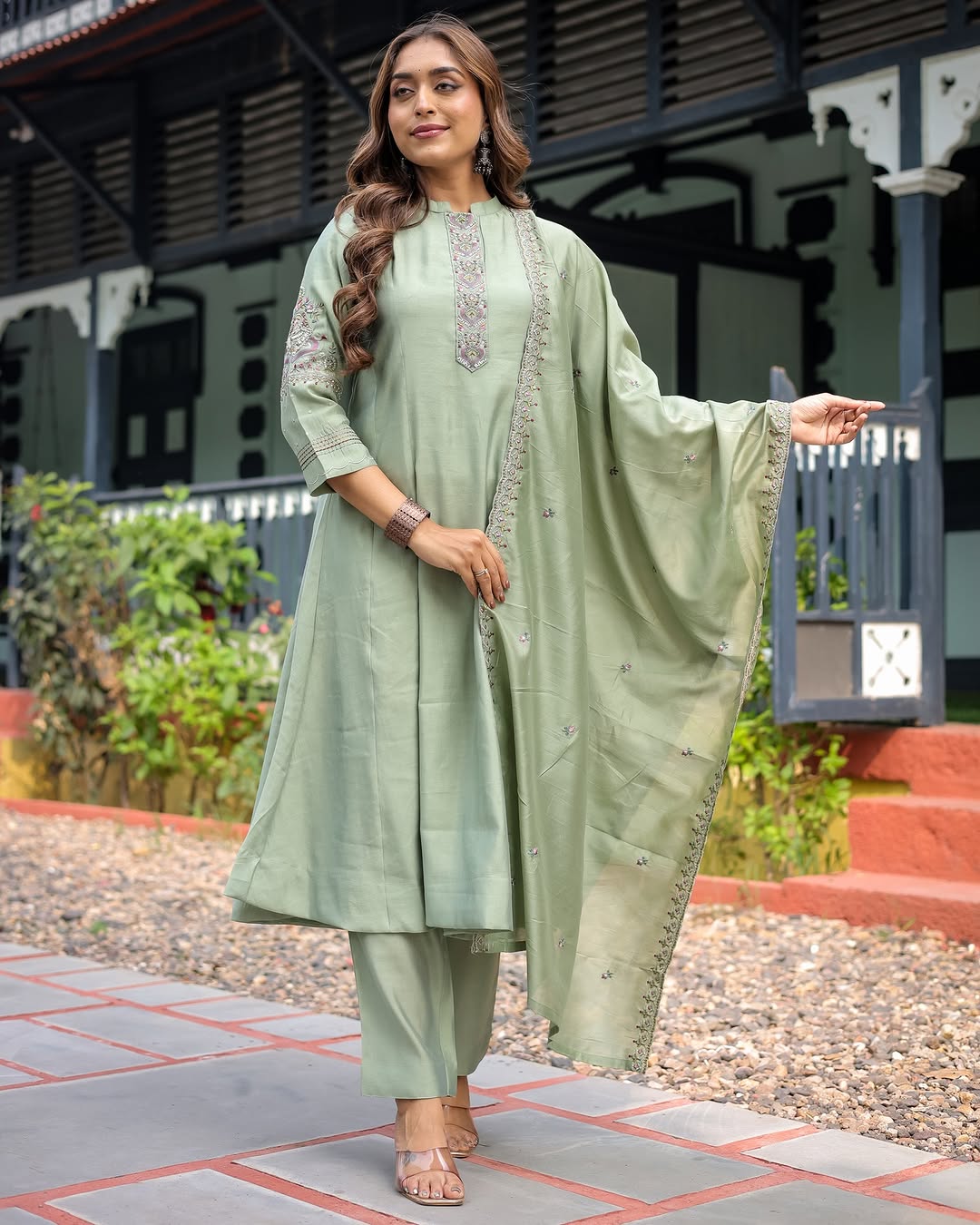 TRADITIONAL MUSLIN 3 PIECE SUIT SET WITH SEQUENCE EMBROIDERY WORK