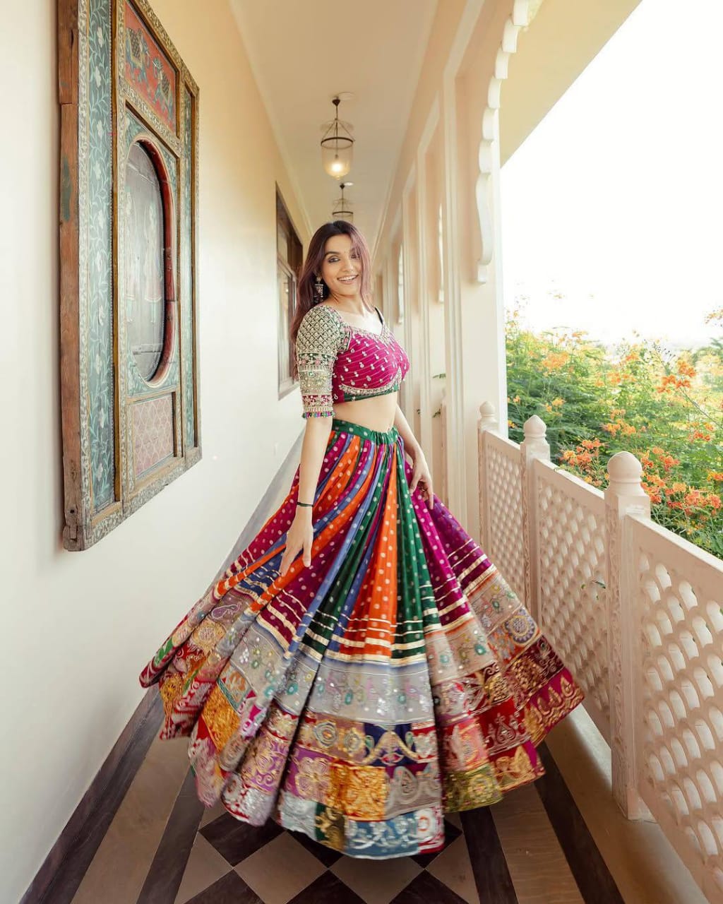 LIBAAZ - DIGITAL PRINT NAVRATRI LEHENGA WITH REAL MIRRO WORK (Fully Stitched)