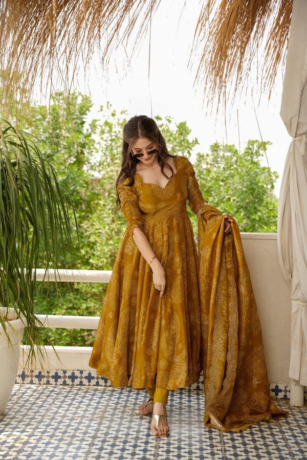 HEAVY FANCY MUSTED YELLOW ANARKALI DREES FO WOMEN