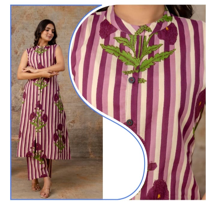 LA ROSE HAND BLOCK COTTON A-LINE SLEEVE LESS KUTA PANT SET
