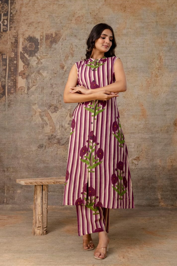LA ROSE HAND BLOCK COTTON A-LINE SLEEVE LESS KUTA PANT SET